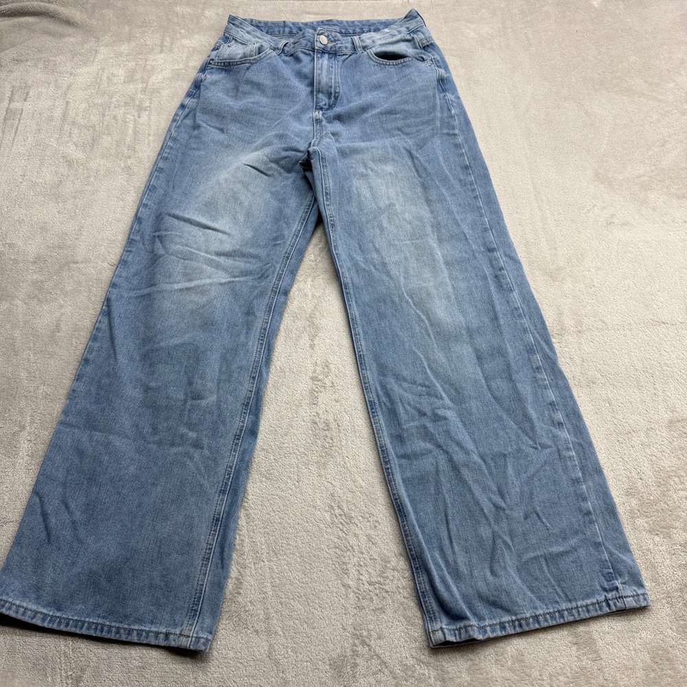 HDLTE Wide Leg Jeans Women's Medium Light Blue High Rise Relaxed Baggu Y2K Denim